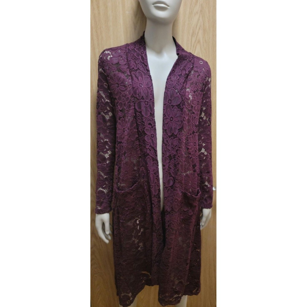 PRETTY YOUNG THING Womens Burgundy Open-Front Lace Cover-Up Cardigan~Size M